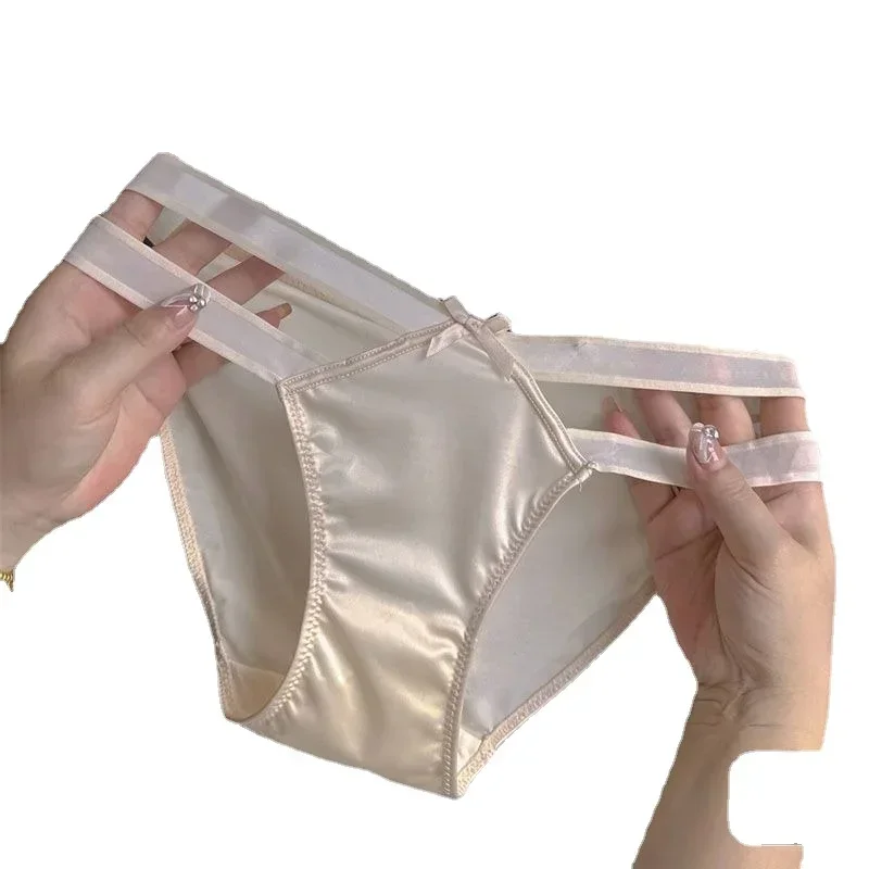 Bragas triangulares finas de encaje de seda de hielo calado Sexy para niñas, ropa interior de algodón de verano para mujeres, calzoncillos de gama alta de Color sólido