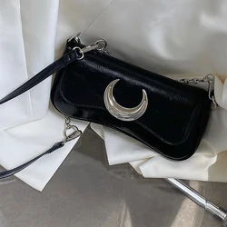 Y2k Cool Girls Black Shoulder Bags Moon Lock Women's Chain Underarm Bag Purse Handbags Fashion Female Small Messenger Bags