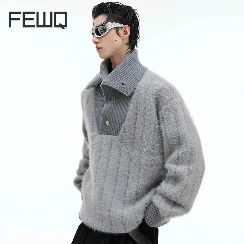 FEWQ Autumn Winter Niche Striped High Neck Sweater Loose Knitted Patchwork Long Sleeve Contrast Color Male Tops Fashion 24E2101