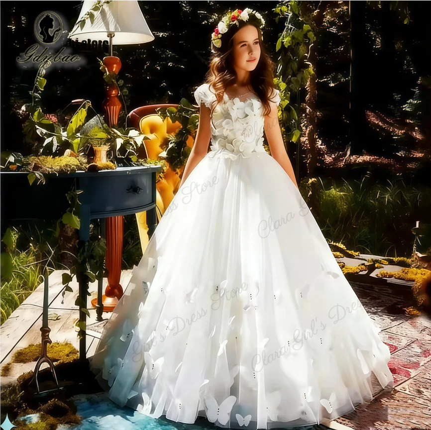 Robe de demoiselle d'honneur blanche élégante avec appliques papillon 3D, parfaite pour les fêtes d'anniversaire des enfants, les concours et la première communion