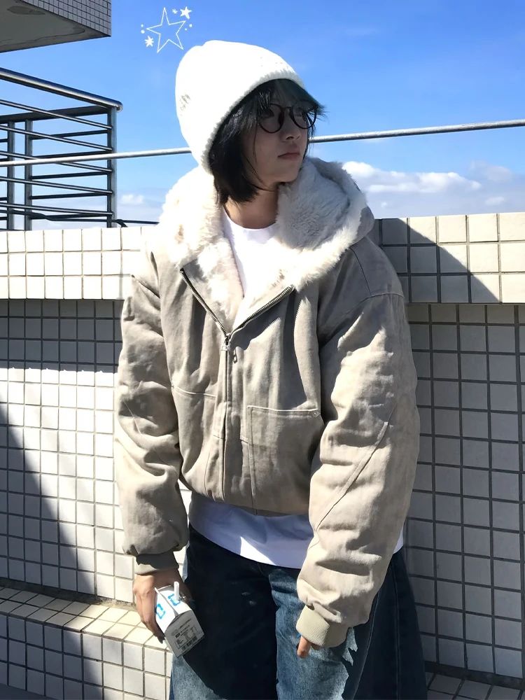 

American Sle ort Hooded Workwear Jaet Men's Winter Trendy Brand Fce Lined Thiened Warm Cotton Coat Outerwear