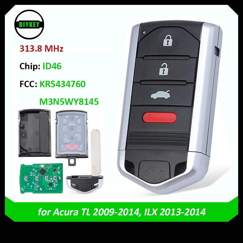 DIYKEY Smart Remote Key Fob 4 Button 313.8MHz ID46 Chip for 2013-2014 Acura ILX - KR5434760, for 2009-2014 Acura TL M3N5WY8145