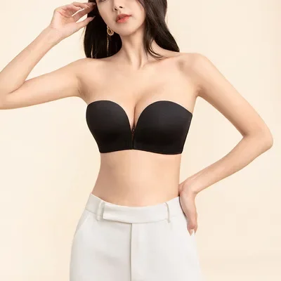 Strapless Underwear Women's Non-slip Gathering Summer Seamless Adjustment Type Steel-rimless Front Buckle Bra Front Closure Bras