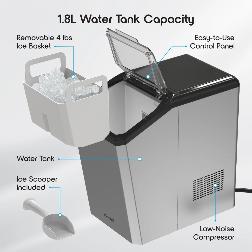 Ice Maker QuickCube Nugget, емкость 3 л, компактный настольный льдогенератор из нержавеющей стали, производит лед 25 фунтов, ежедневная самоочистка
