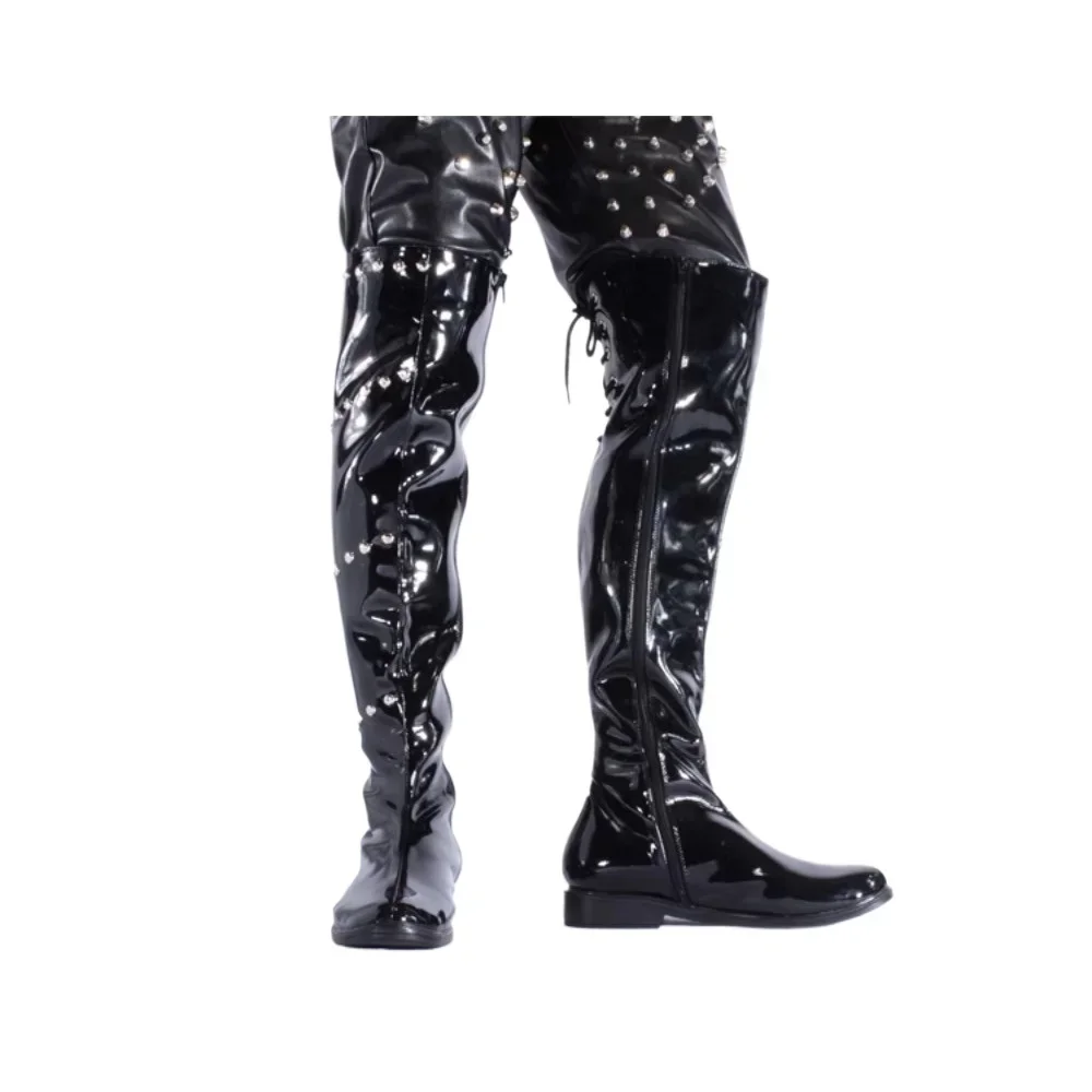 الرجال براءات الاختراع والجلود المرحلة أداء برشام الإفراط في الركبة الأحذية مشبك كعب سميك جولة تو أحذية رعاة البقر الغربية فستان حفلة زمم #4