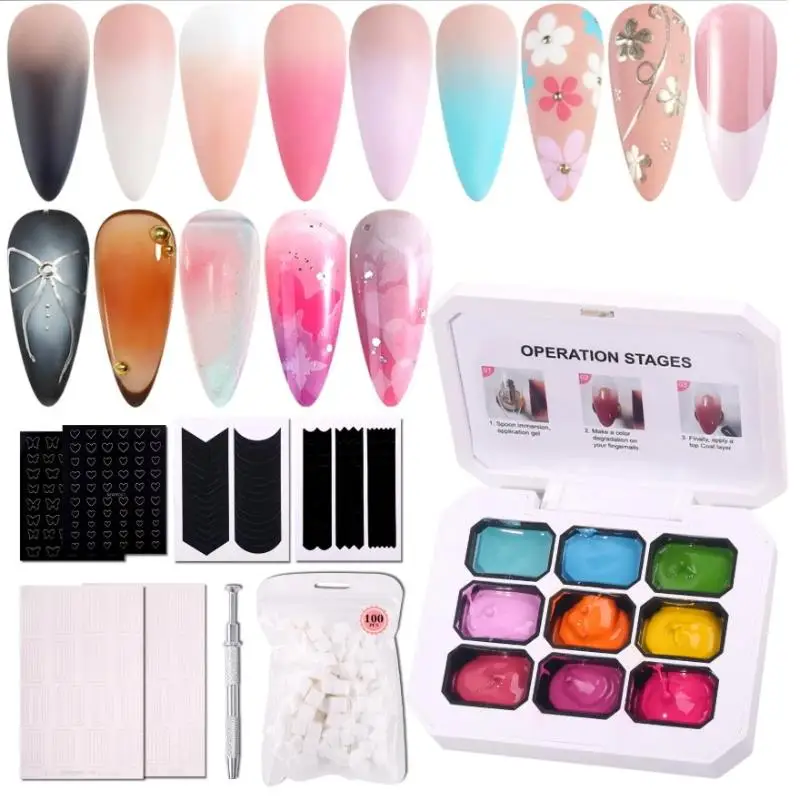 

9Colors Gradient Painting Gel Palette With 100pcs Mini Sponge And Sticker French Ombre Gel Nail Polish For Pigmented Manicure