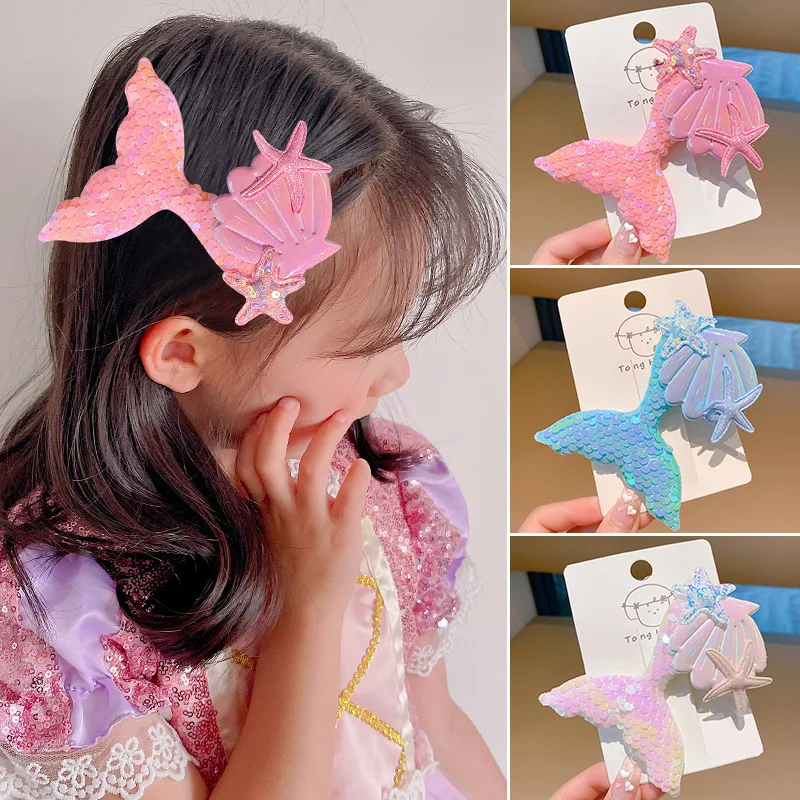 5Pcs/Lot Kids Cartoon Barrette Beauty Fish Tail Flip Sequined Duck Beak Clip Shell Starfish Headwear Styling Accessories HA2512