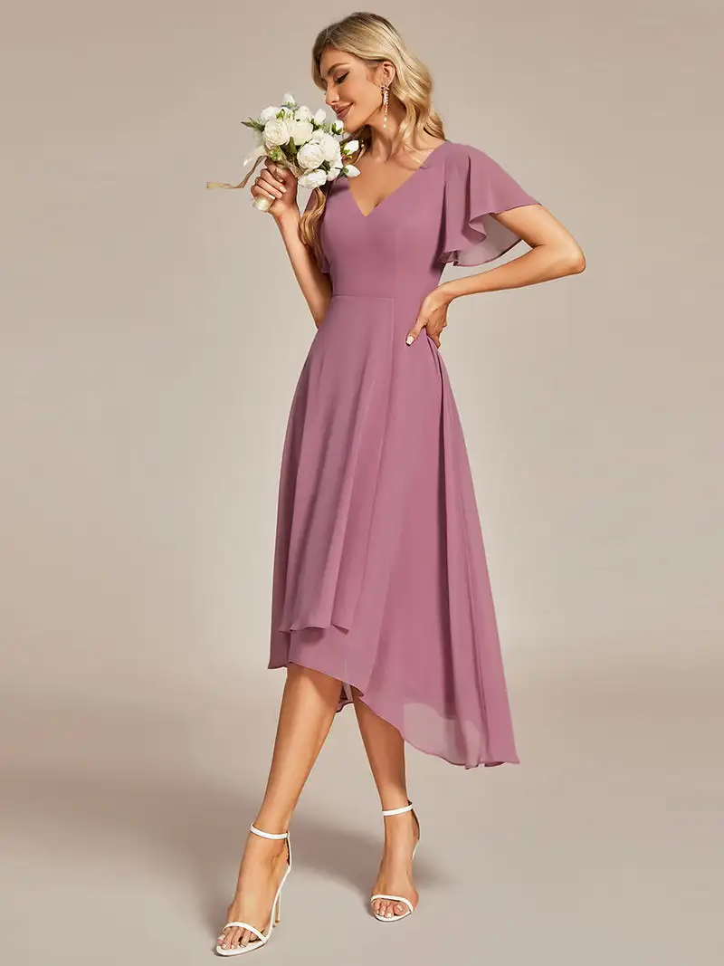 Elegante Abendkleider mit V-Ausschnitt, hohem, tiefem Rüschen, versteckter Reißverschluss, bis zur Mitte der Wade 2025, Ever Pretty von Brautjungfernkleidern aus Chiffon-Orchideen