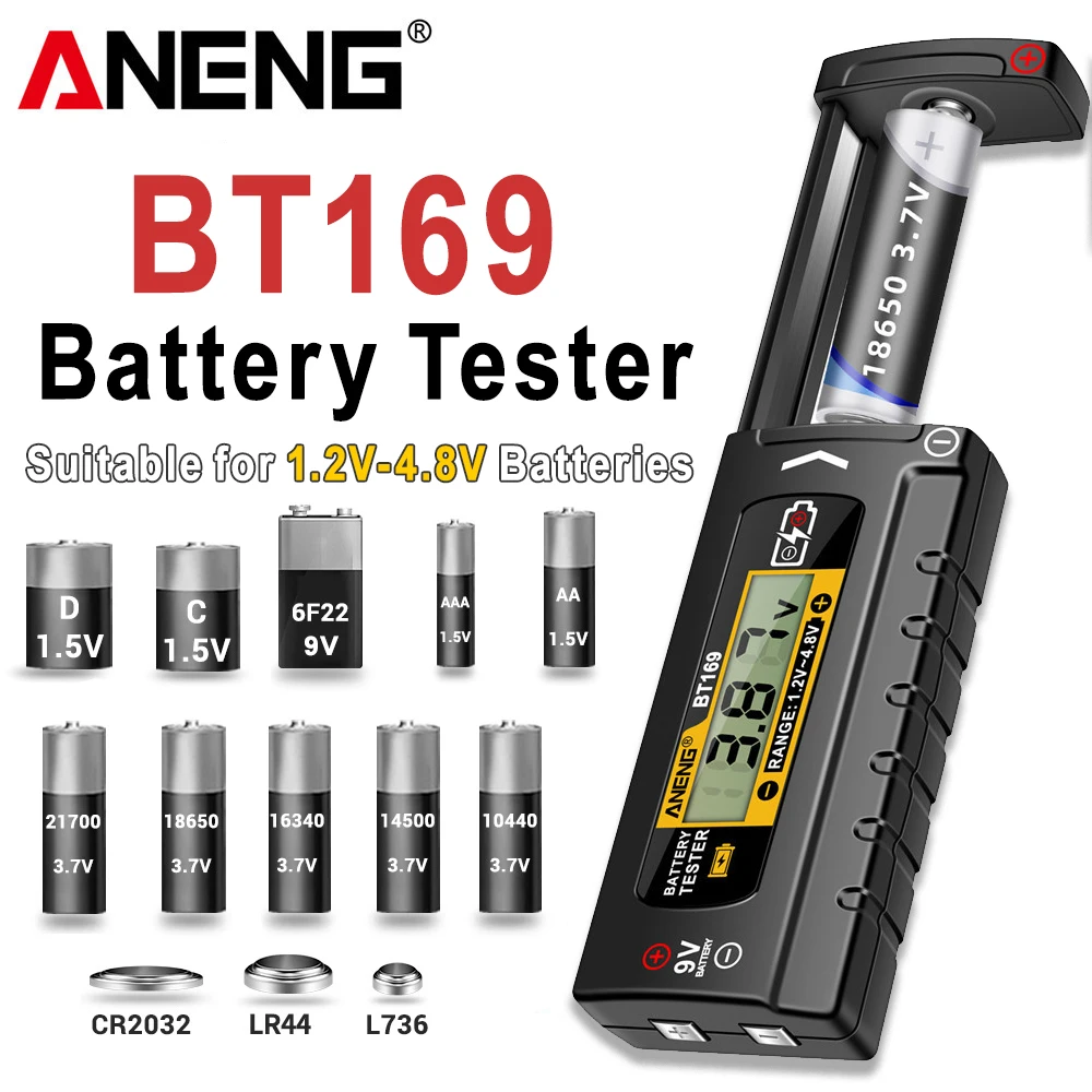 Probador de Baterías Portátil ANENG BT169, Detector Universal de Nivel de Batería de 1.2V-4.8V, Compatible con Baterías AA/AAA/9V/18650/Botón