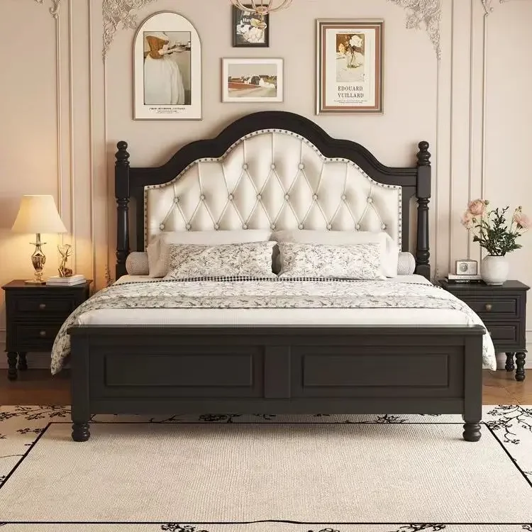 Retro American Solid Wood Double Bed 1.8M 1.5M Floor Protection Noise Free Sturdy Construction Space Saving Anti-Tip Design