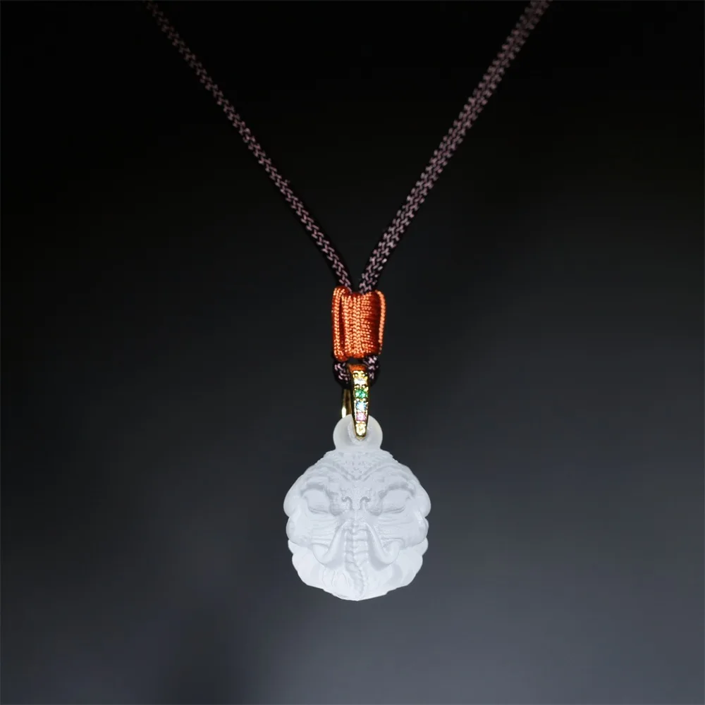 Unique Chinese Style Lucky Blessing Frosted Liuli Six Tusk Elephant Head Pendant Adjustable Braided Rope Necklace Unisex Wealth