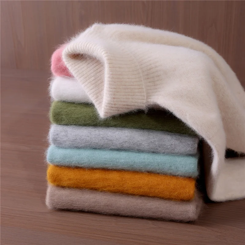 الخريف والشتاء جديد 100% المنك سترة الكشمير المعنقة السيدات عالية التلبيب بلون مبطن البلوز الصوف محبوك قاع قميص