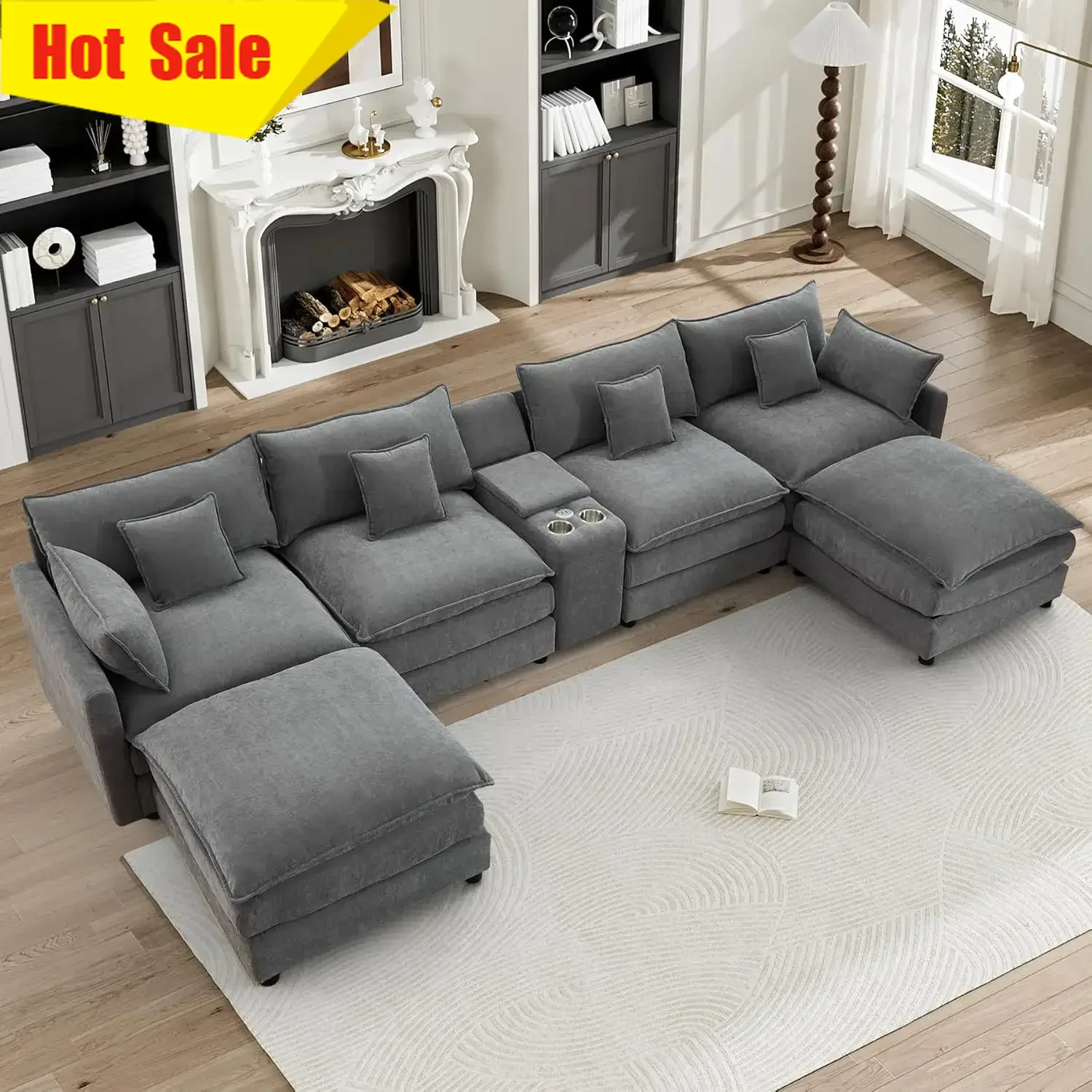 U Shaped Cloud Couch Modular Gray Sectional Living Room Chenille Oversized Six Seat Sofa Set Central Console USB Port