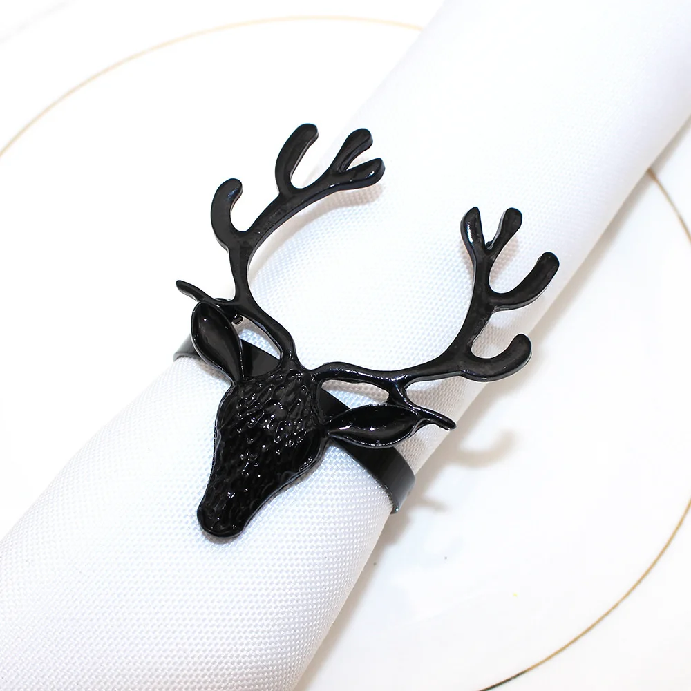 6Pcs Black Deer Head Napkin Rings Christmas Napkin Ring Holders Reindeer Napkin Buckle for Halloween Dinners Party Wedding Table