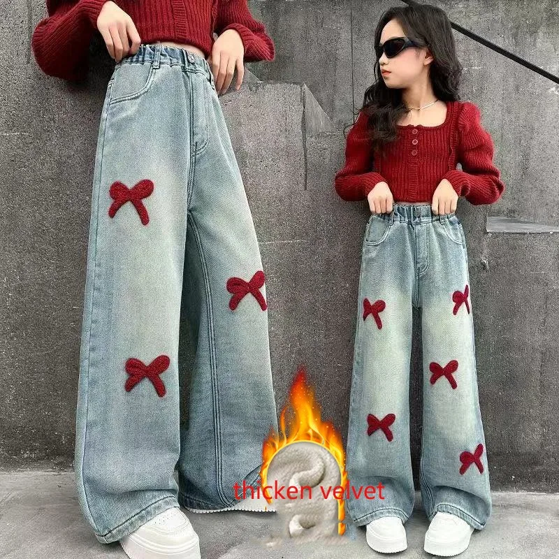Winter Lamb Velvet Children Jeans for Girls 4-14Yrs Teens Girls Bow Integrated Fleece Denim Pants Loose Autumn Junior Girls Pant