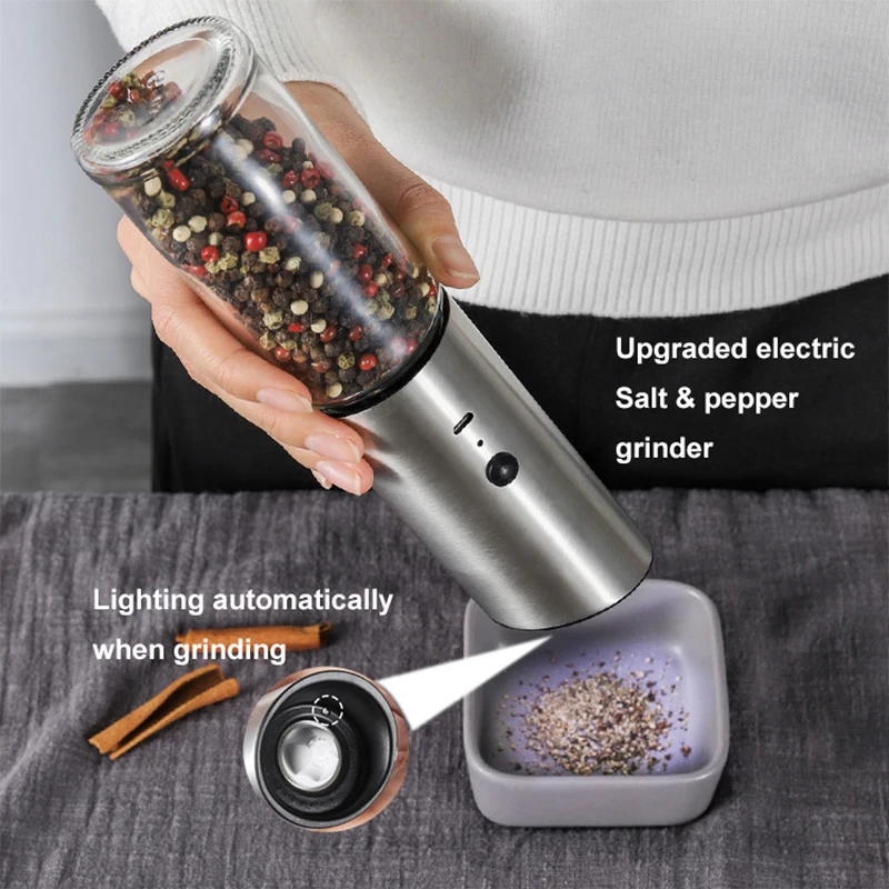 USB Rechargeable Electric Salt And Pepper Grinder Set Automatic Stainless Steel Spice Mills Shakers Kitchen Tool