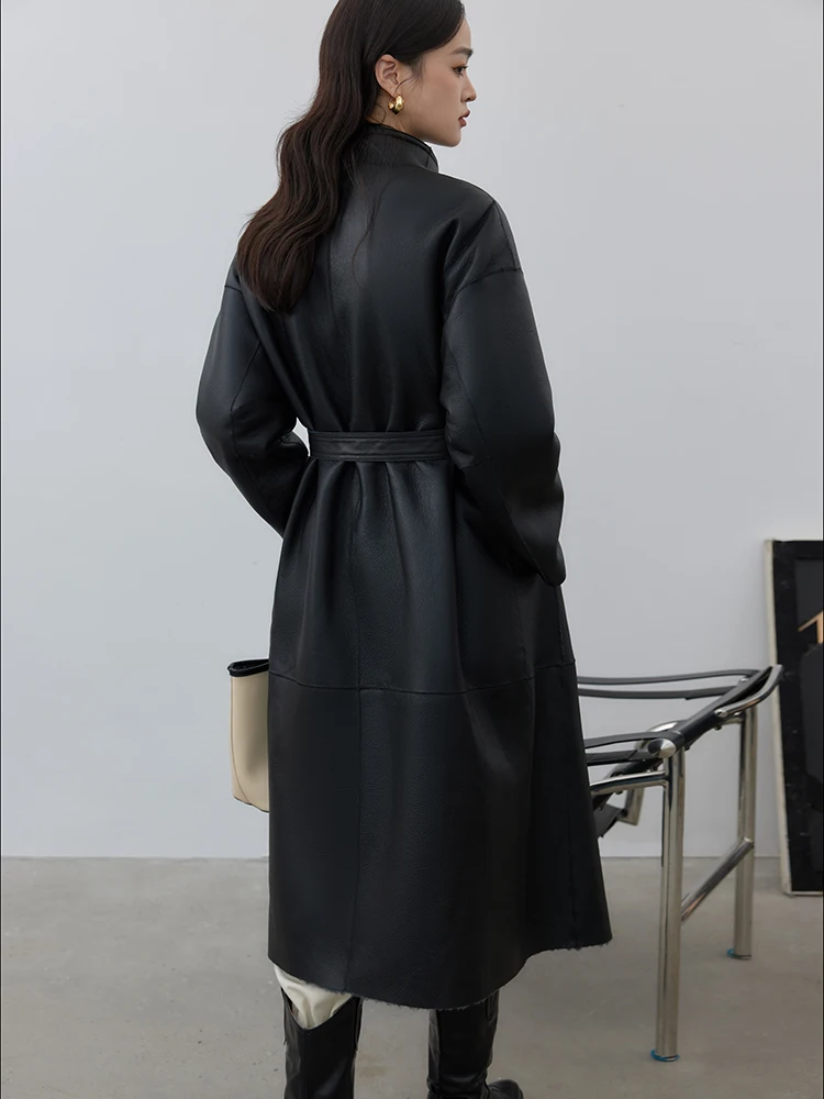 الراقية الفاخرة ميرينو الأغنام الفراء جواكت شتوية النساء بسيطة على الوجهين ارتداء تصميم الدانتيل متابعة طويلة جلد طبيعي معطف الفرو الحقيقي