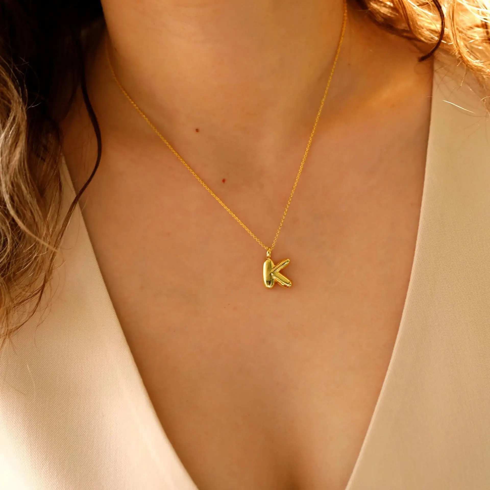 New Trendy Gold Plated Small Chunky Puff Bubble Chubby Balloon Alphabet Initial Letter Pendant Necklace Choker for Women