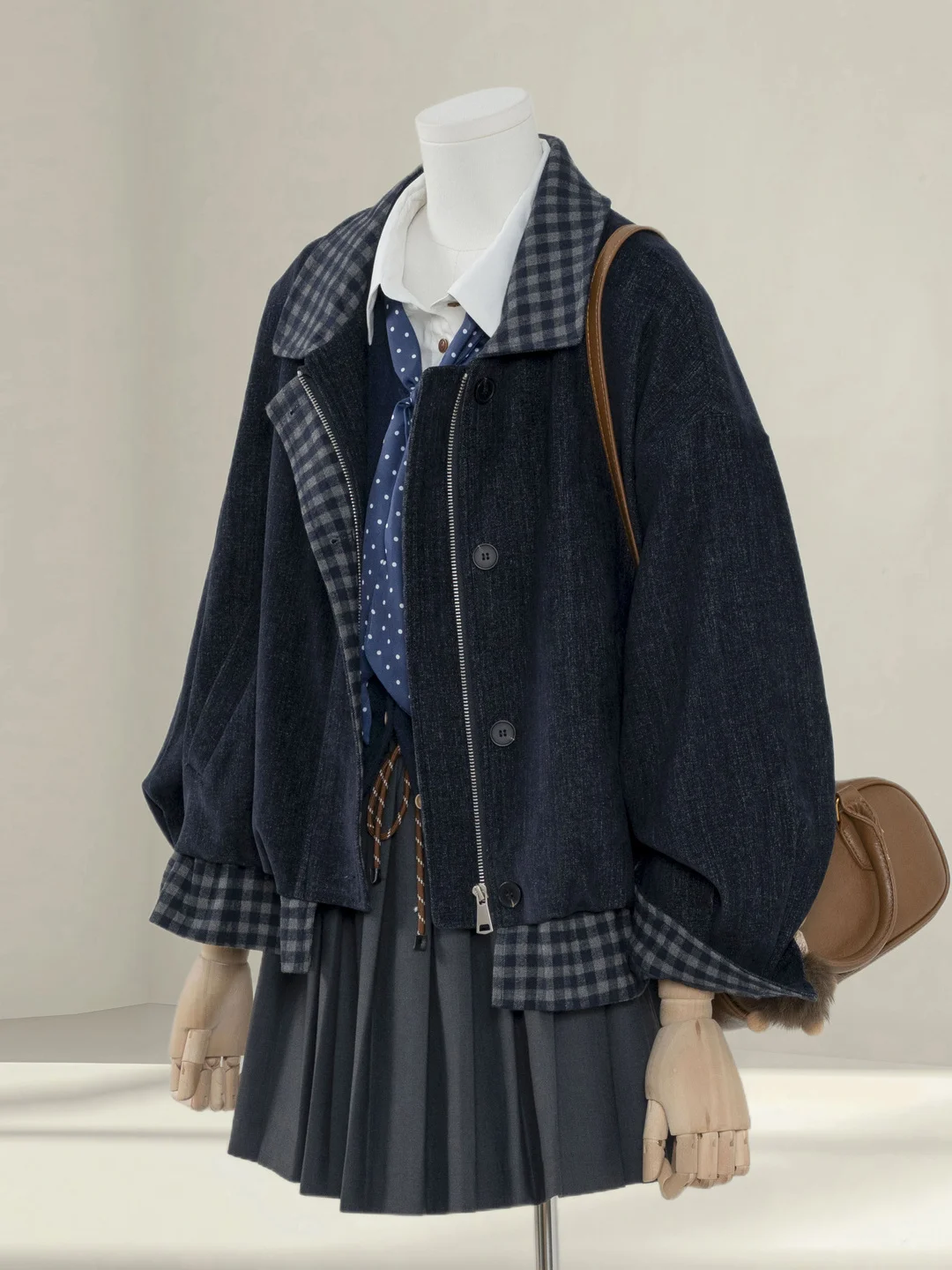 

Американский ретро клетчатый лоскутный воротник куртка женская весенне-осенняя утягивающая универсальная рабочая одежда топ ложное двухсекционное пальто