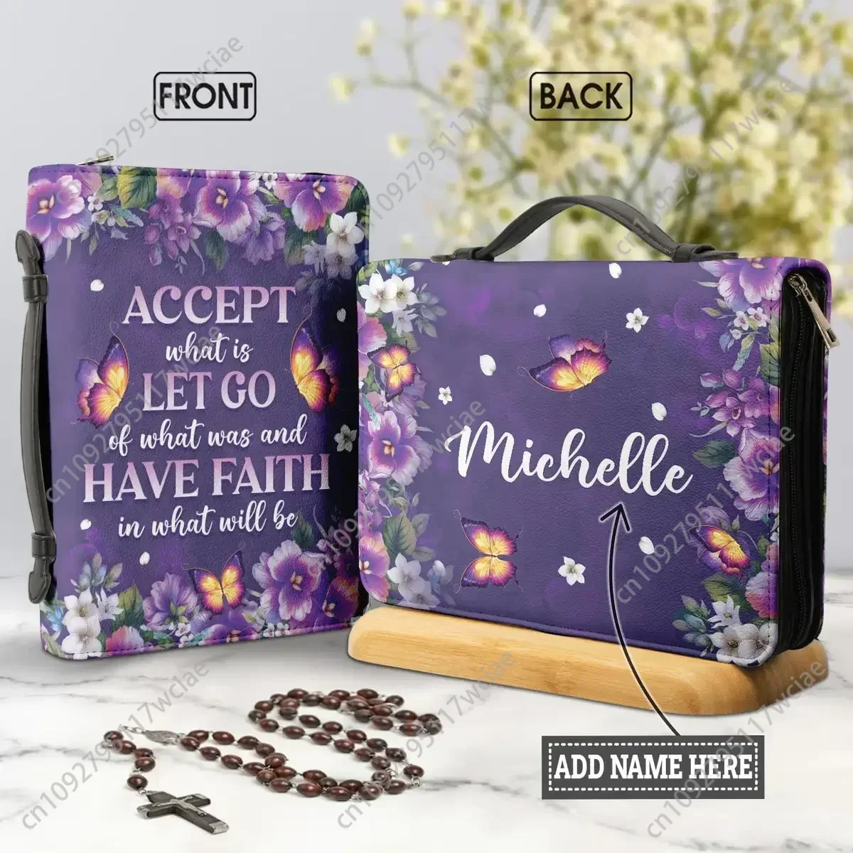 

Butterflies Purple Floral Print Bible Cover Case Women's PU Leather Christianity Holy Bag Personalitized Bible Storage Book Box