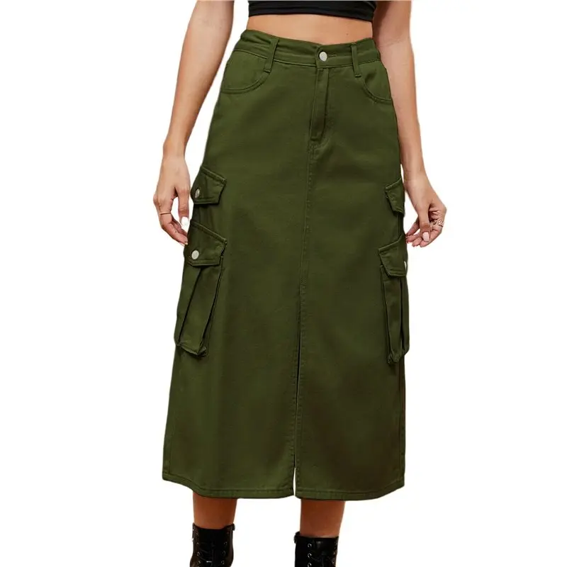 

CYL-Women's Long Jean Skirts With Slit Elastic Waist Cargo Denim Maxi Skirt