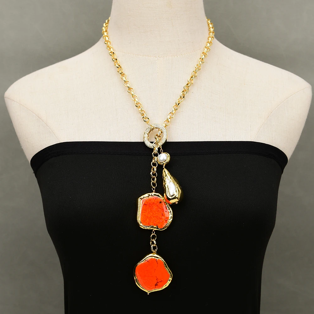 

GG 29" Gold Plated White Biwa Pearl Orange Turquoise Gems Stone Lariat Chain Necklace Pendant