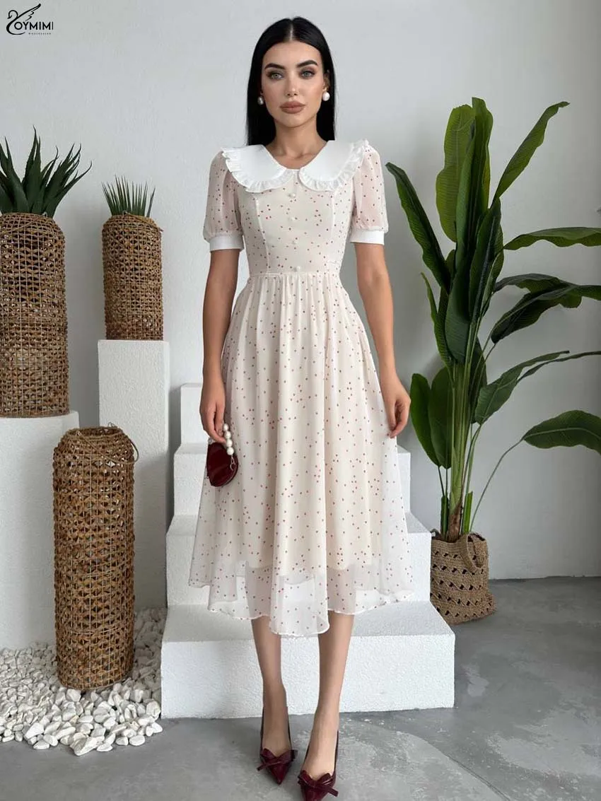 

Oymimi Fashion White Print Dresses 2025 Woman Elegant Patchwork Short Sleeve Button Dresses Casual Pleated Mid-Calf Dress Female