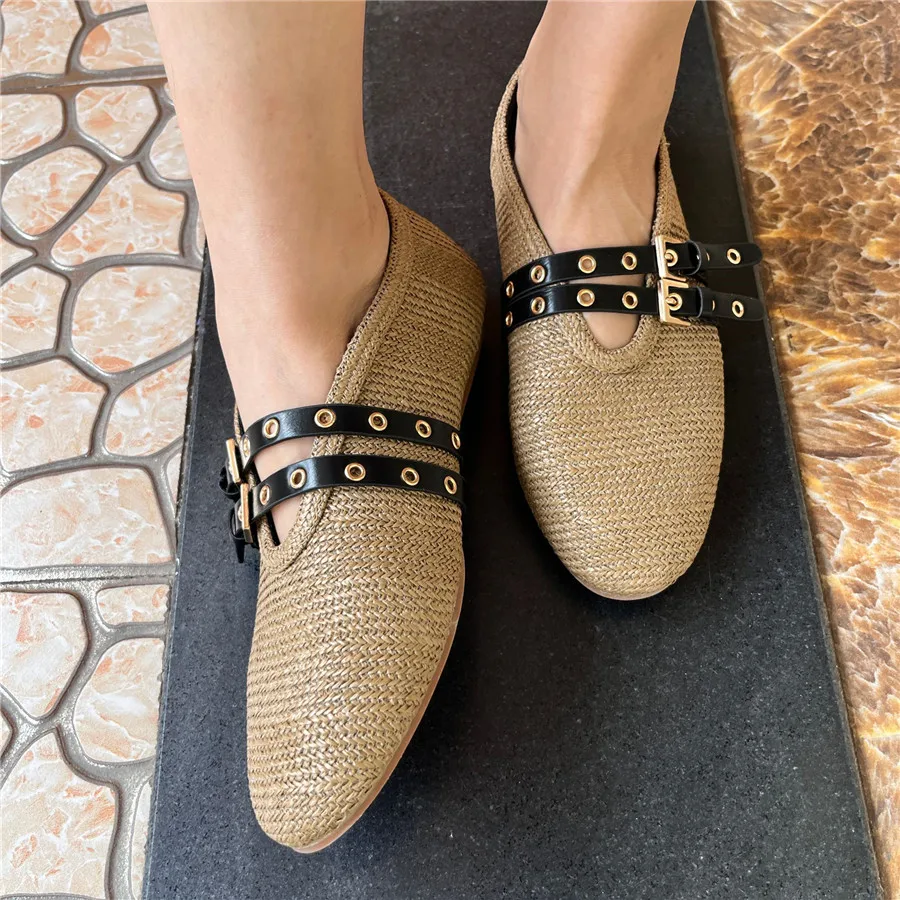 Fashion Knitted Women Ballet Flats 2024 New Weave Gladiator Flat Shoes Retro Breathable Causal Loafers Double Straps Espadrilles