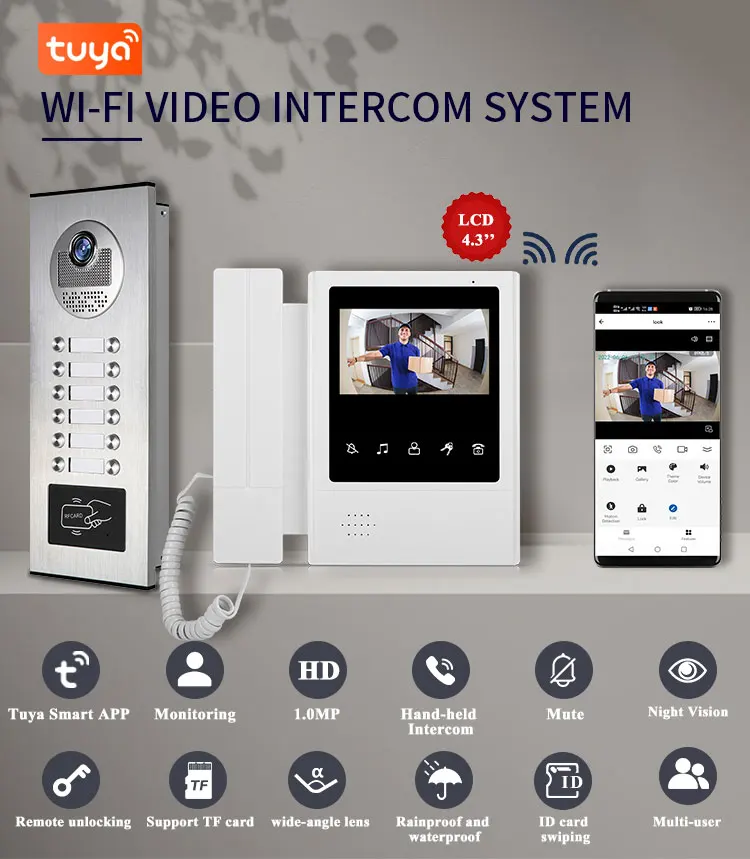 Internationale Versie 4.3 Inch Tuya Indoor Monitor, Wifi, Video Intercom Video Doorbel Swipe Kaart Unlock Access Control 3/4/6/8