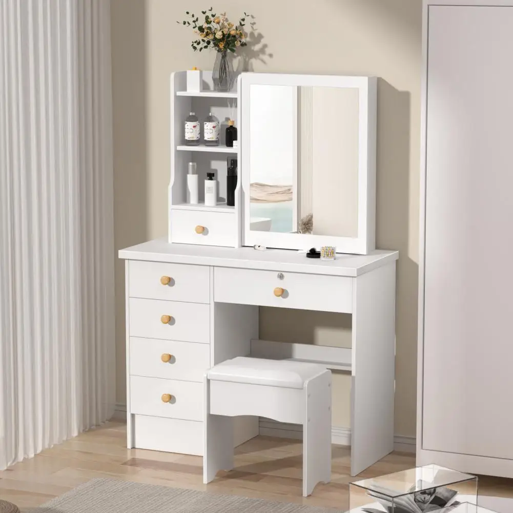 Vanity Desk with Sliding Mirror, Bedroom Dressing Table, Makeup Desk with 6 Drawers, Open Shelves, Hidden Storage Space image 4