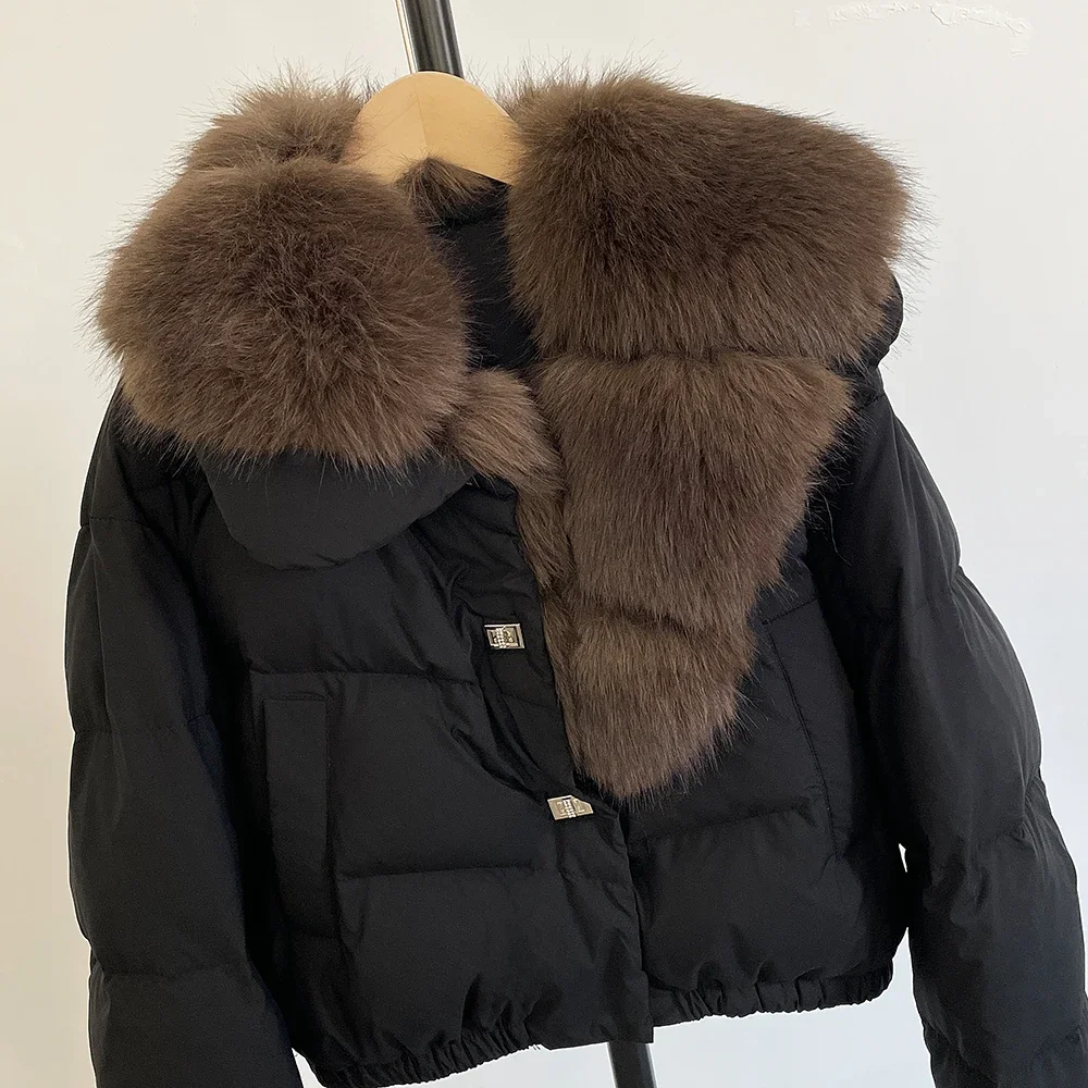 CXFS 2025 Jaket Puffer Baru Jaket Kerah Bulu Palsu Kerah Dapat Dilepas Pendek Musim Dingin Wanita Mantel Bulu Angsa Putih Tebal Wanita