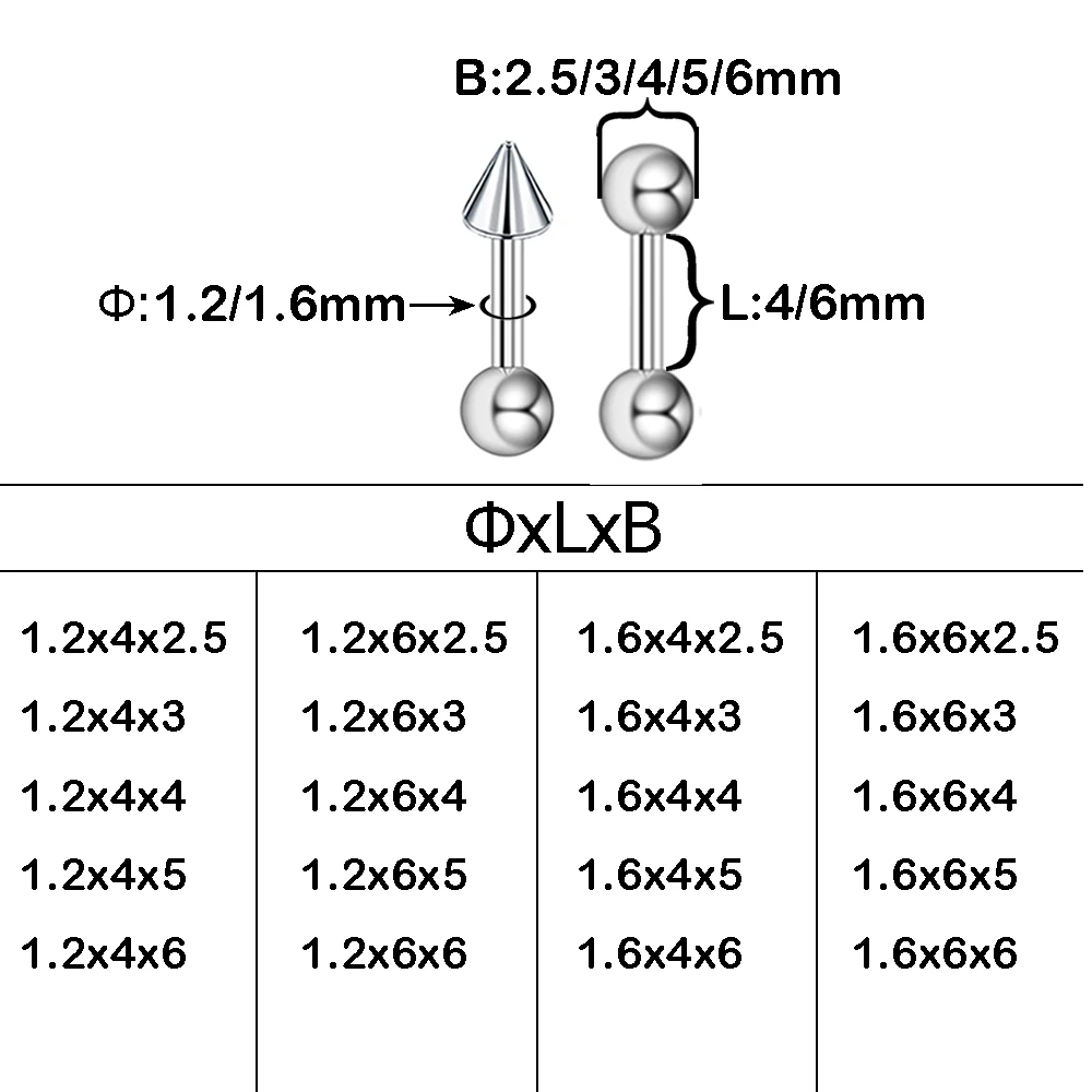 2/10Pcs/Pack.,Stainless Steel Stud Earring,Ball & Cone Screws Earrings,Ear Cartilage Bone Nail Piercing Body Jewelry,Pole Length