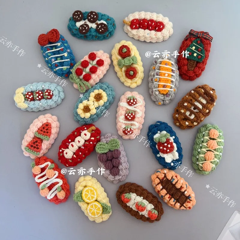 Hand Woven Retro Cake Dim Sum Strawberry Fruit Series Sweet Cartoon Plush Hairpin Bangs Side Hairpin Hair Accessories Finished