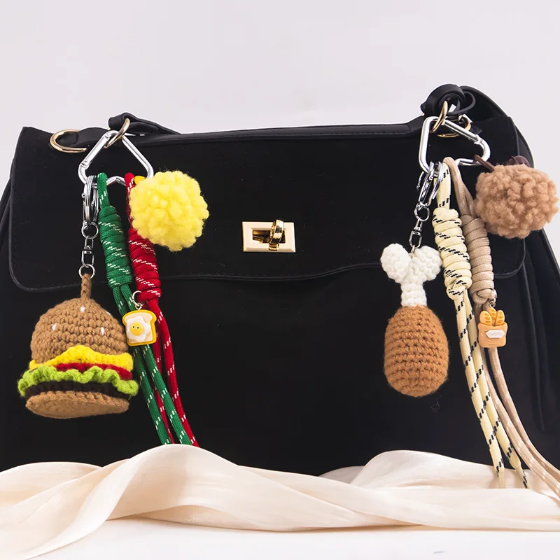 Creative Plush Knit Fried Chicken Legs Key Chain Cartoon Burger Simulation Food Pendant Car Key Bag Decoration Delicious Keyring view 2
