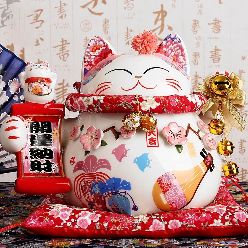 9 Inch Ceramic Fortune Lucky Cat Maneki Neko Ornament Home Decoration Gift Feng Shui Piggy Bank Centerpiece