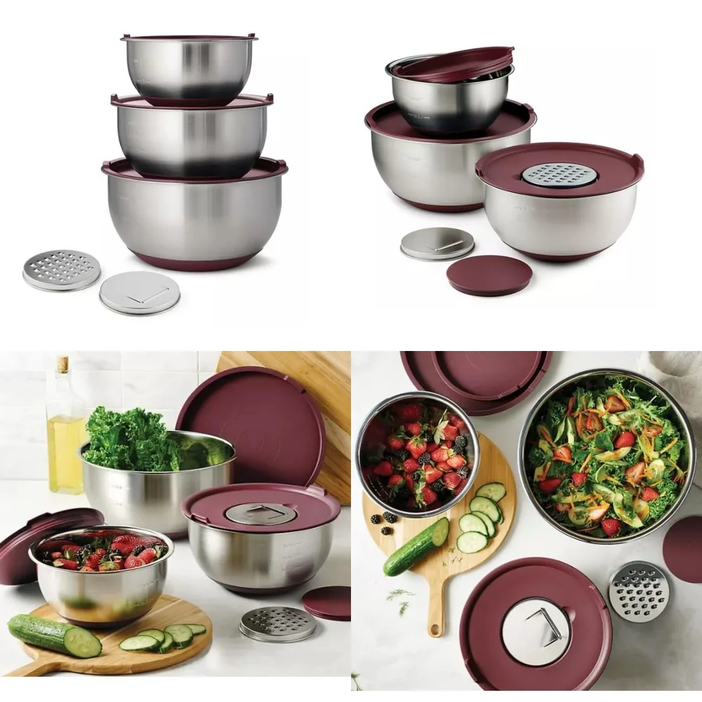 

Stainless Steel Mixing Bowls Set 8 Piece with Grinder and Lids Brown Kitchen Cooking Utensils for Home Baking and Food Prep