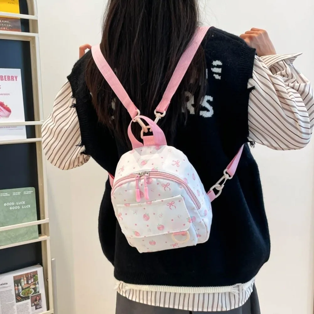 Sweet Nylon Mini Shoulder Bag Large Capacity Strawberry Print Student Backpack Waterproof Soft School Bag For Girls