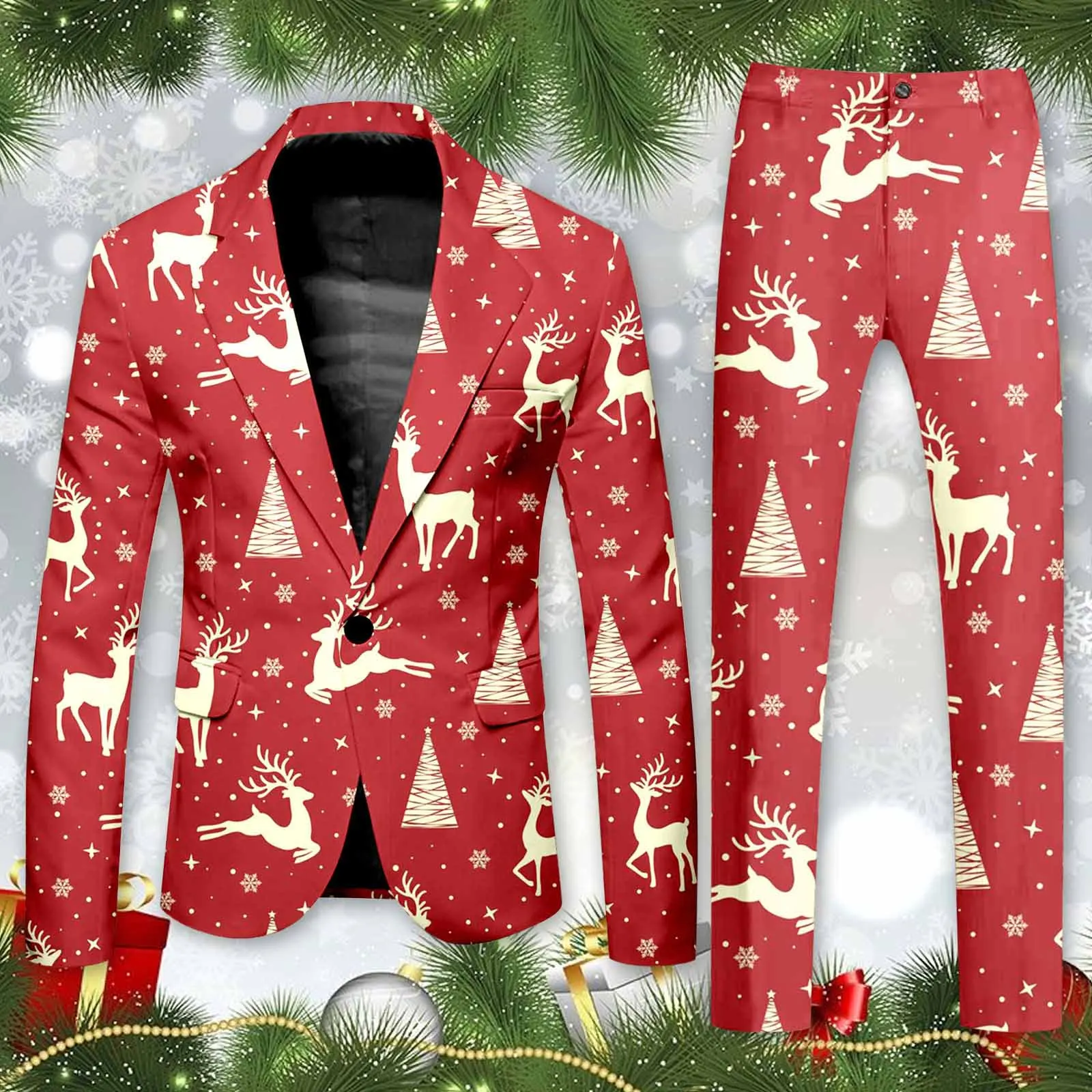 Men'S blazer Retro Western Christmas Lightning Lapel Long Sleeve Shirt deer Patter Fashion Leisure Christmas Printed Pocket Suit