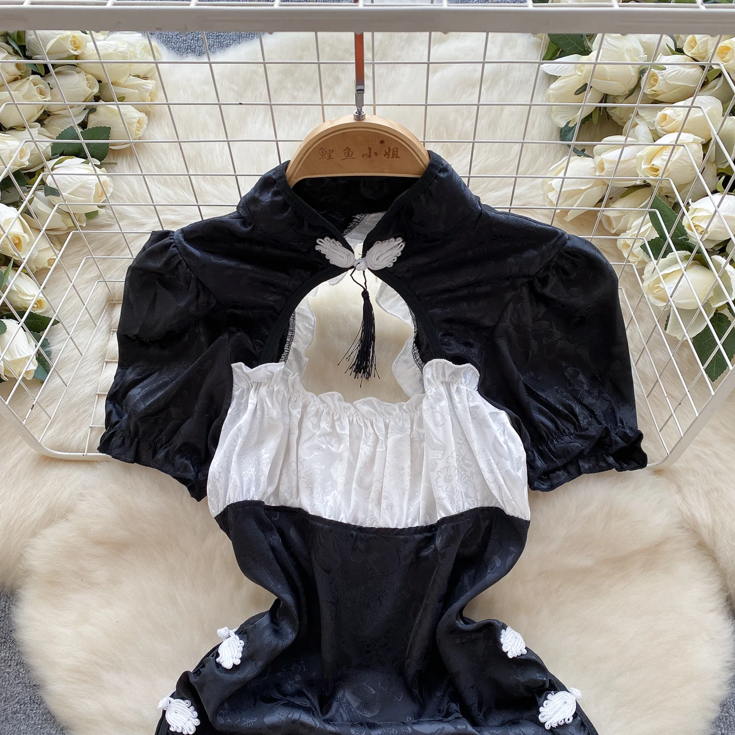 Sexy Elegant Chinese Satin Cheongsam Ruffle Spliced Bubble Sleeve Hollow Out Tassel Dress Retro Women's Nightgowns Pajamas Suit