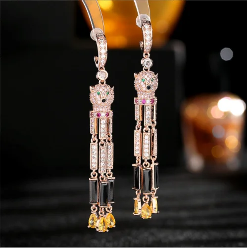 New leopard head black zircon tassel fashion temperament earrings for women full of diamonds earrings