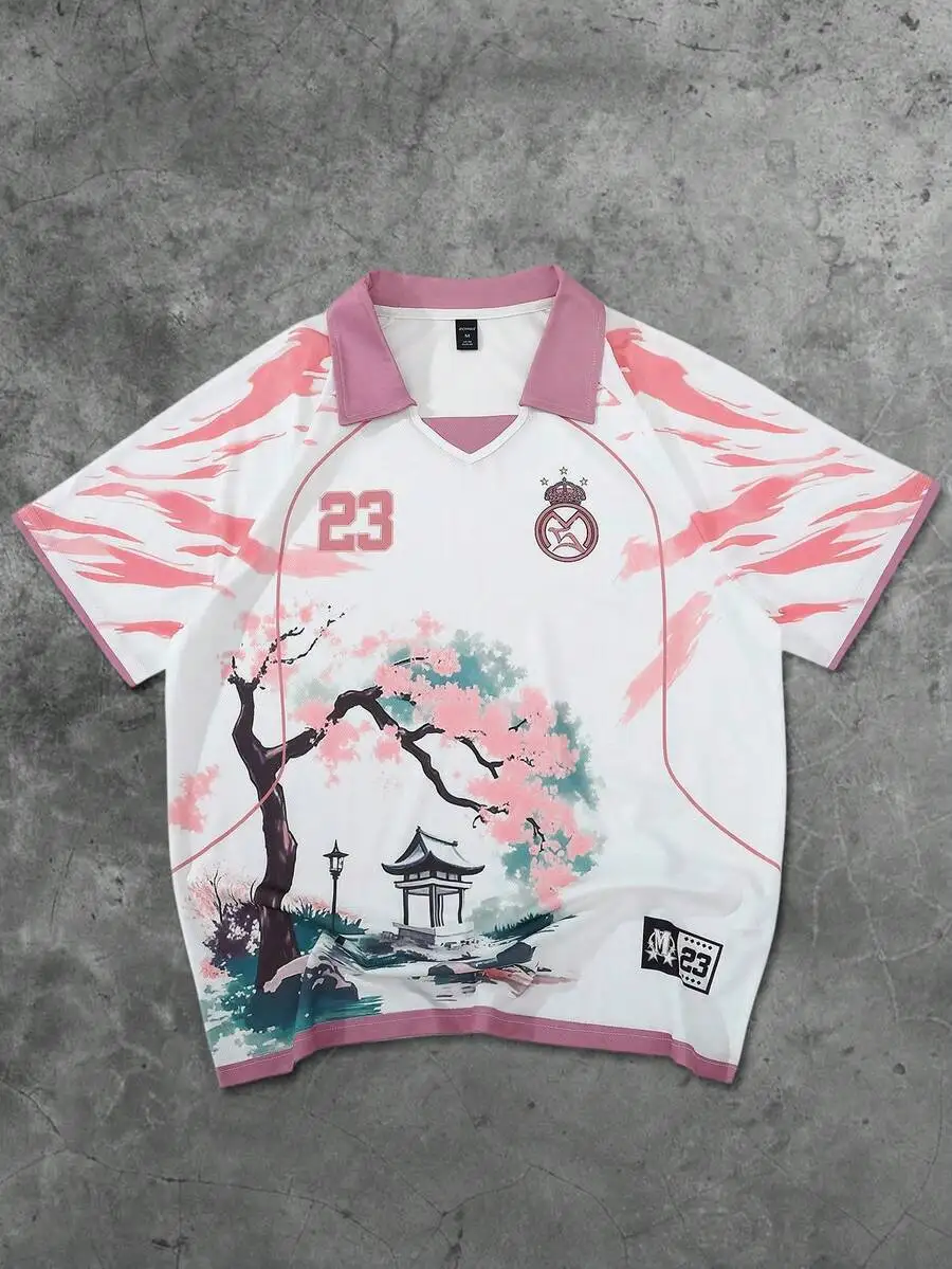 

Men's White Pink Collar Polo Shirt with Cherry Blossom Garden Print