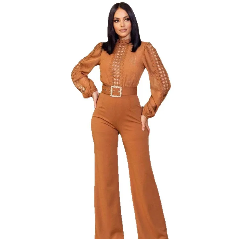 

2025 New Fashion Lace Long Sleeve Wide-leg Pants Jumpsuit Women Summer Elegant Solid Color Pile Sleeve Jumpsuit For Women
