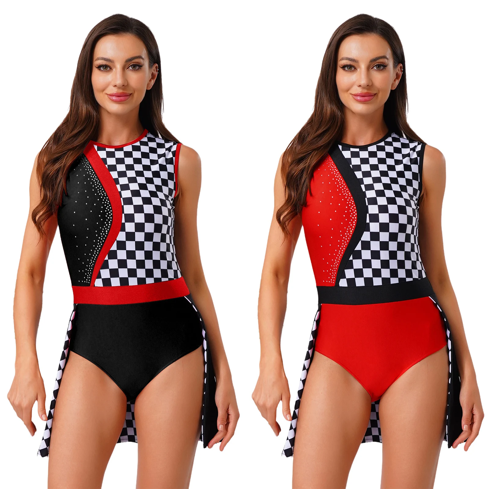 

Женское боди в клетку без рукавов с блестящей юбкой со стразами, купальник для Хэллоуина, вечерние, скоростной гоночный автомобиль, карнавальный костюм водителя