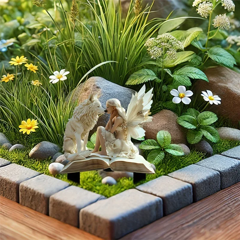 B69C loup et fée majestueux, insert de Pot de fleur féerique en acrylique, adapté aux plantes en Pot et décoration de pelouse de jardin