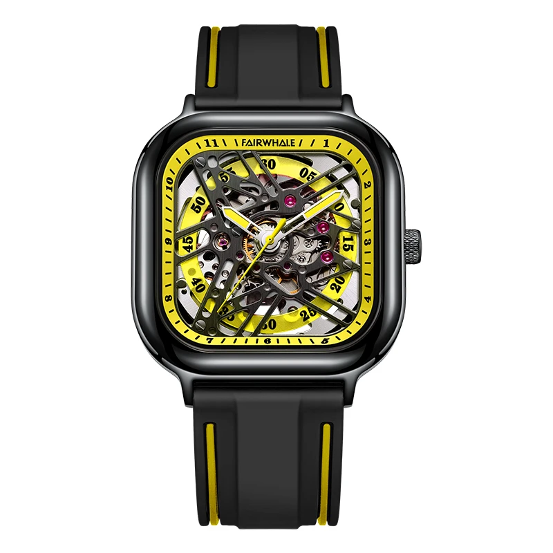 

Mark Fairwhale Men Automatic Watch 42mm Square Fashion Mechanical Wristwatch 30M Waterproof Luminous Skeleton Leather Strap
