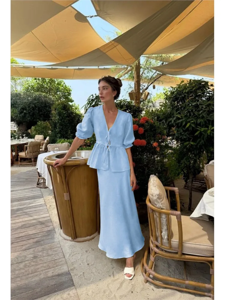 2026 Summer Women's 100% Cotton V-Neck Lace-Up Bubble Sleeve Shirt Long Skirt Set Loose Casual Two-Piece Suit Lady Home Suits
