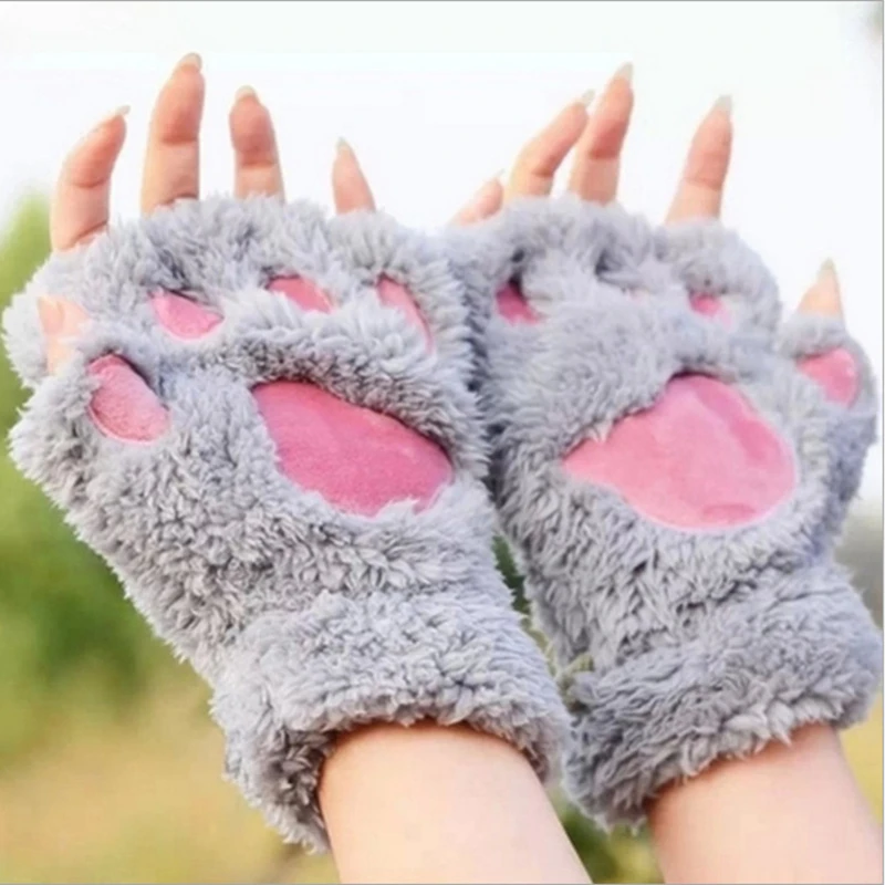 Winter Cute Cartoon Open Fingered Cat Claw Warm Gloves for Women Thick Fluffy Bear Paw Half Finger Glove Girls Warmth Products