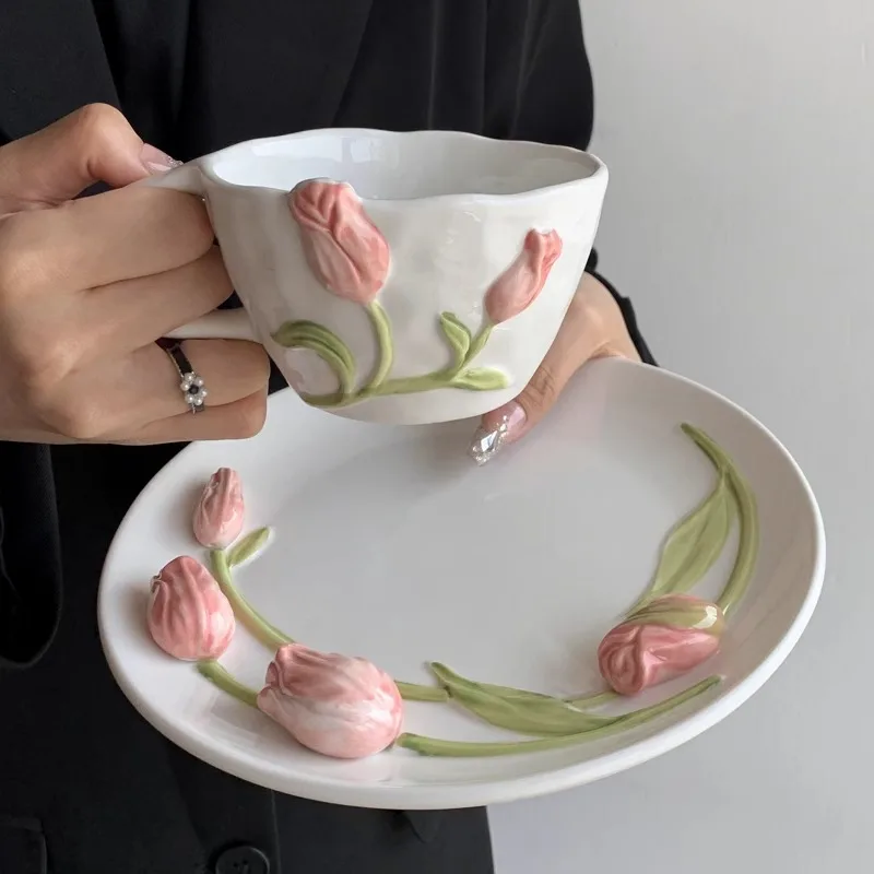 

European Tulip Ceramic Mug & Saucer Set 260ml, 3D Embossed Couple Coffee Cups, Afternoon tea cup,Valentine‘s Day Gift for her