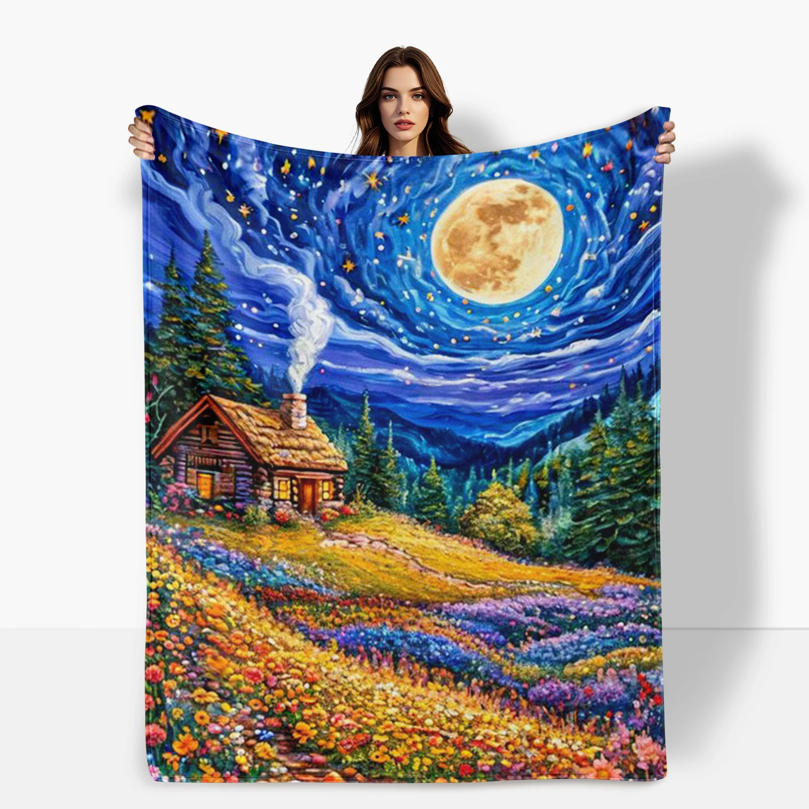 

Night Sky Starry Moon And Floral Pattern Blanket For Serene-Themed Decor And Unique Gift For Adults And Stargazers