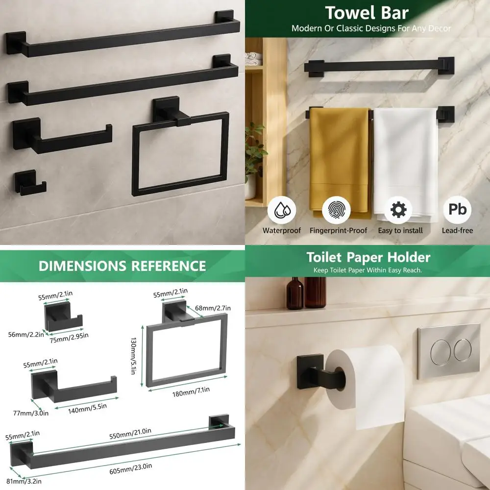 

Stainless Steel Towel Rack and 5-Piece Black Bathroom Hardware Set, Wall-Mounted Accessory Collection